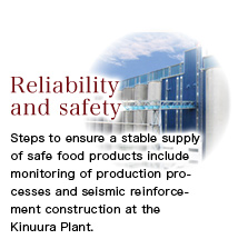 Steps to ensure a stable supply of safe food products include monitoring of production processes and seismic reinforcement construction at the Kinuura Plant.